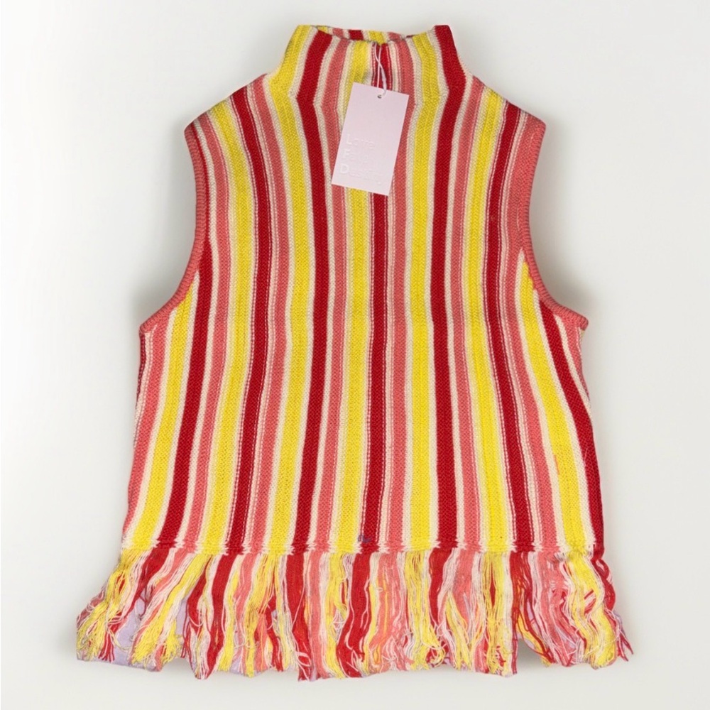 Fate by LFD BNWT Knit Striped Mock Neck Fringed Sweater Top Pink/Yellow/White